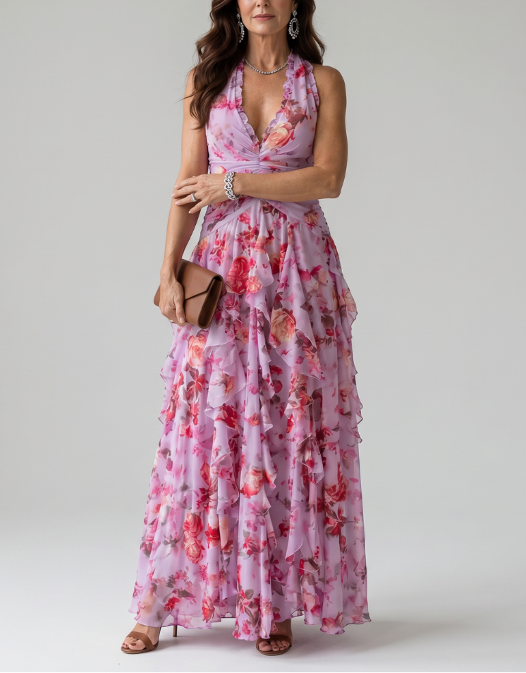 Nori | Halter Neck Ruched Bodice Floral Maxi Dress