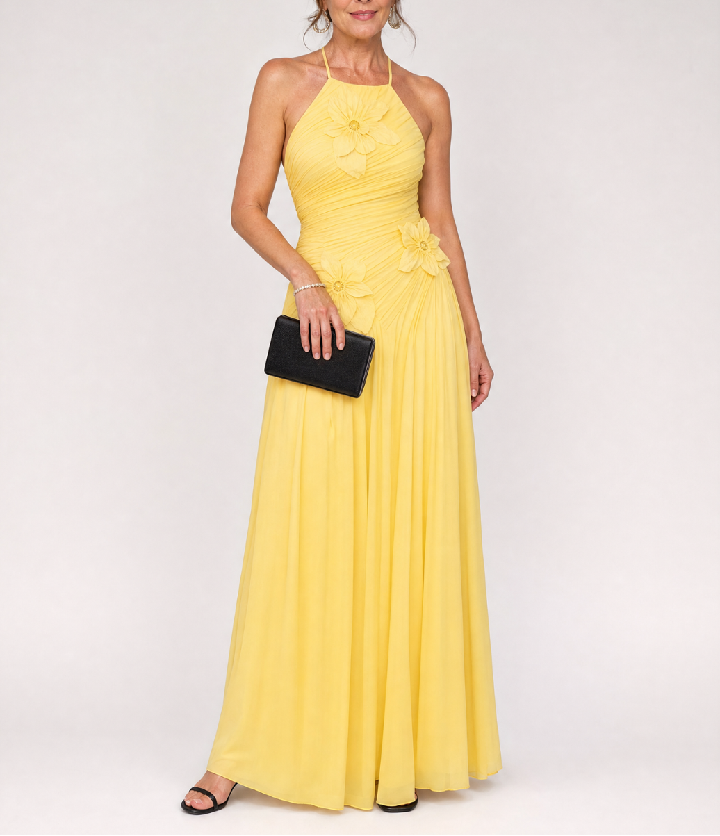 Stephene | Pleated Halter Neck Floral Detail Maxi Dress