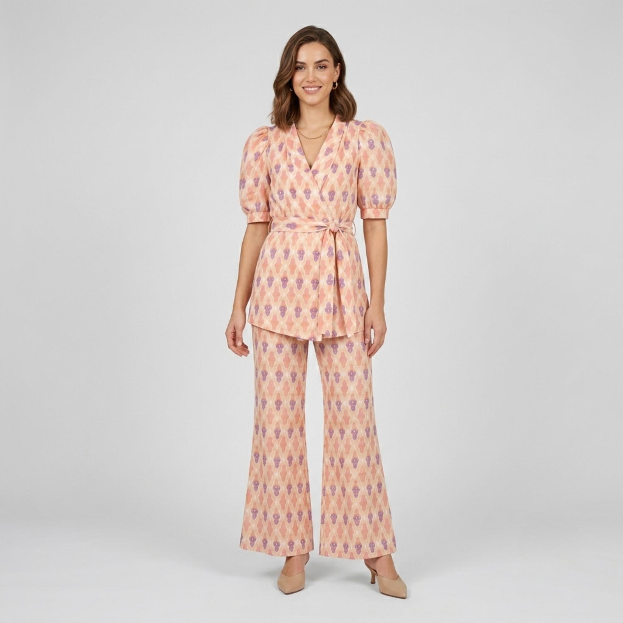 Elane | Printed Wrap Blouse And Flared Pants Set