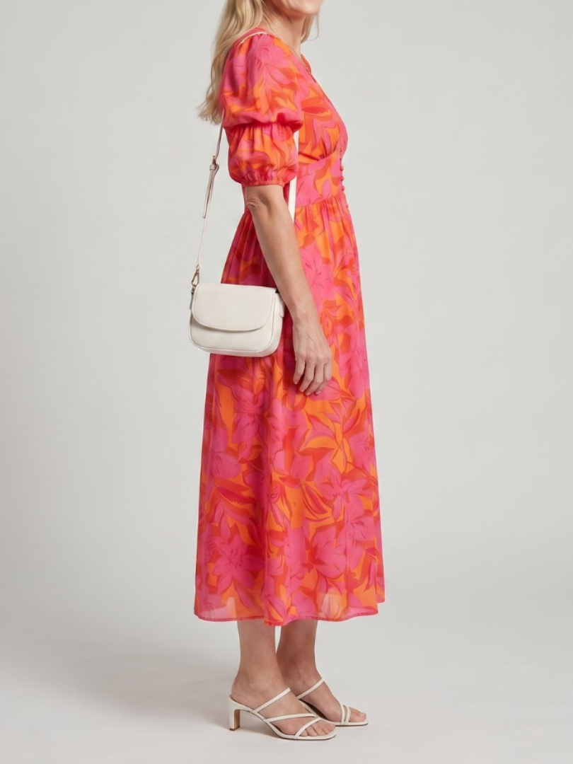 Zarelle | Puff Sleeve V Neck Bold Floral Print Midi Dress