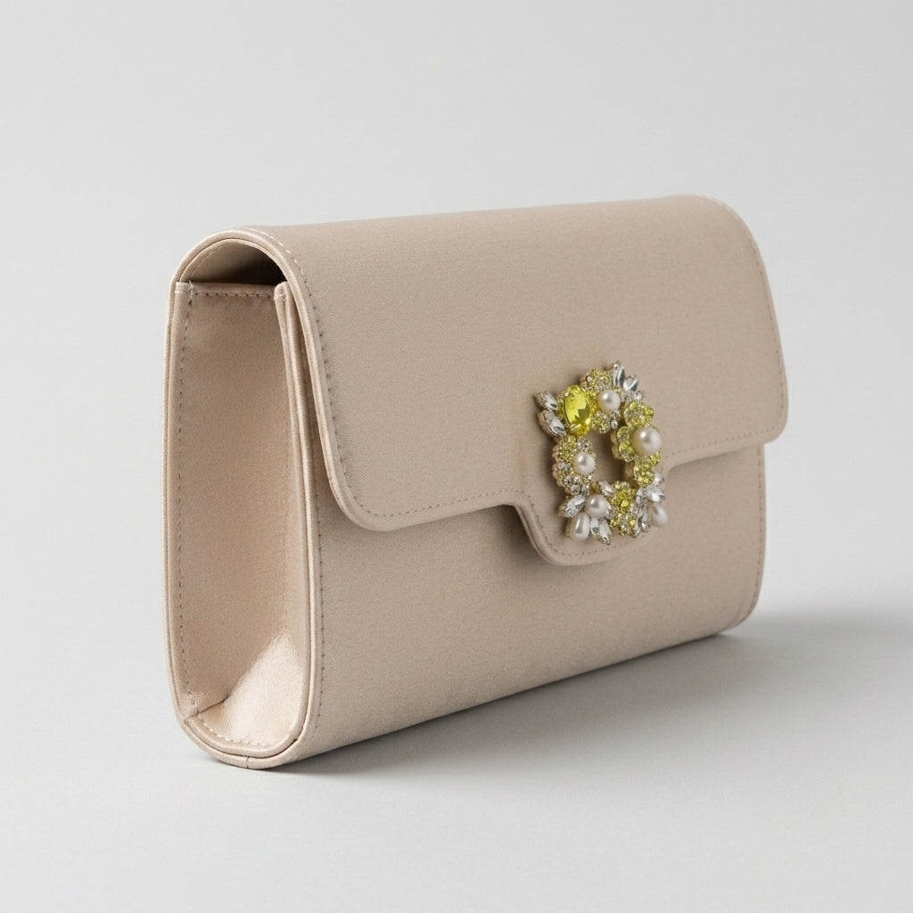 Evadne | Crystal Buckle Satin Envelope Clutch Bag