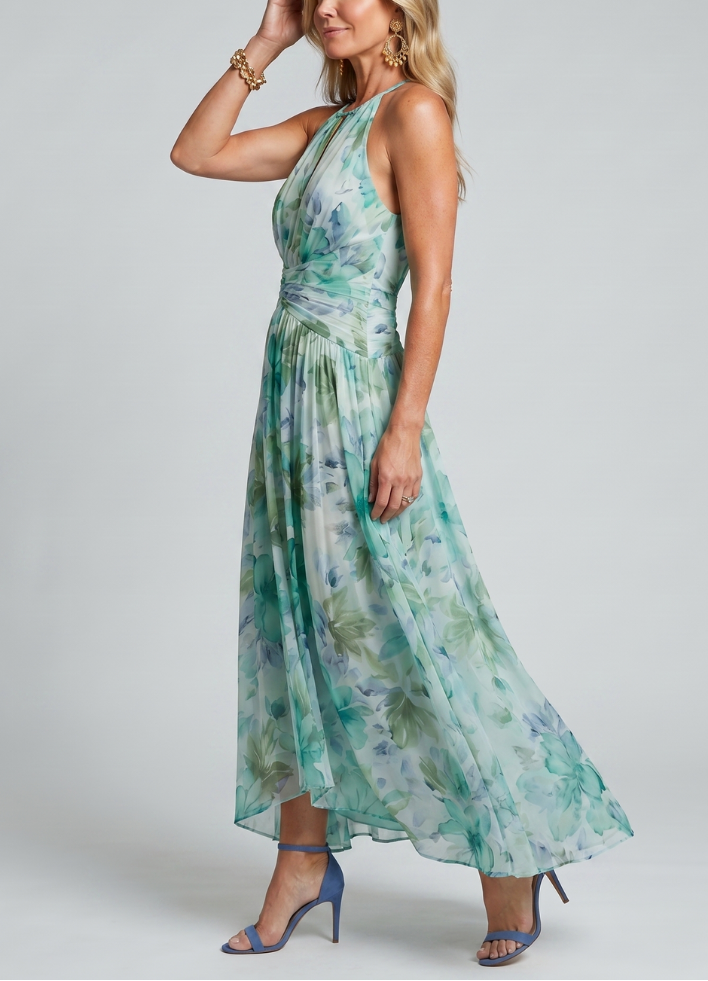Portia | Pleated Halter Soft Floral Pattern Midi Dress