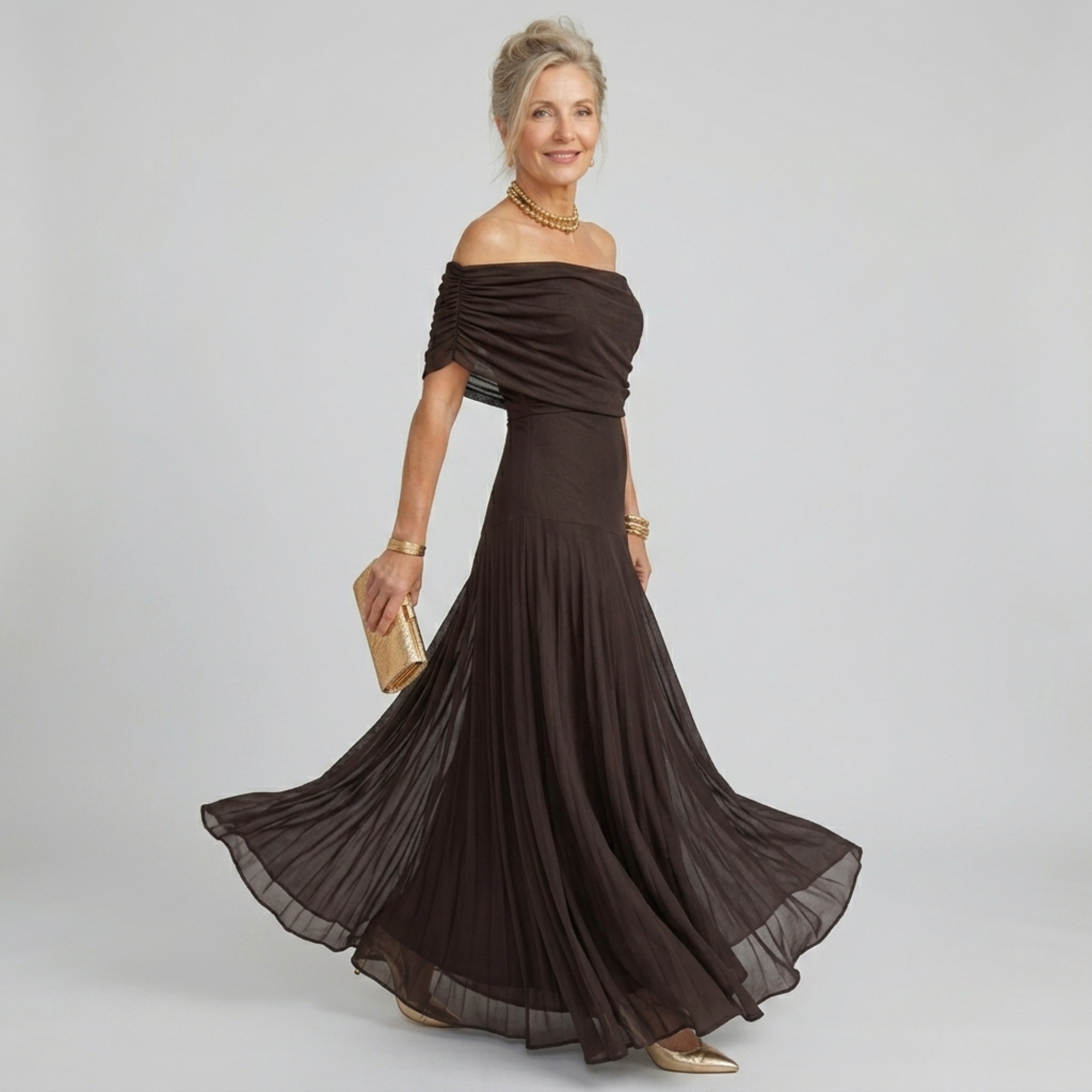 Valerinne | Off Shoulder Draped Bodice Flowing Maxi Dress