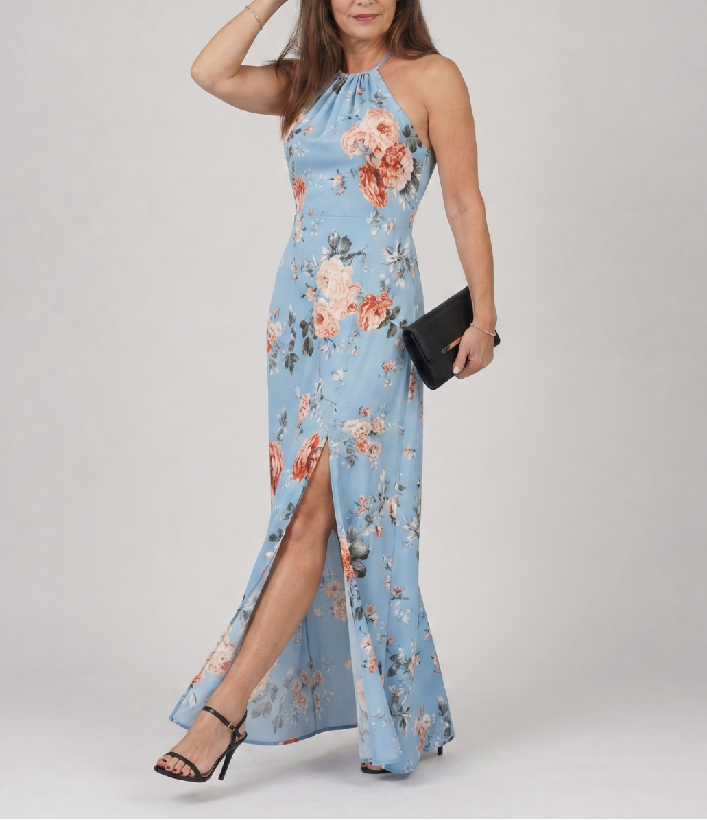 Loliane | Floral Halter Neck Side Slit Midi Dress