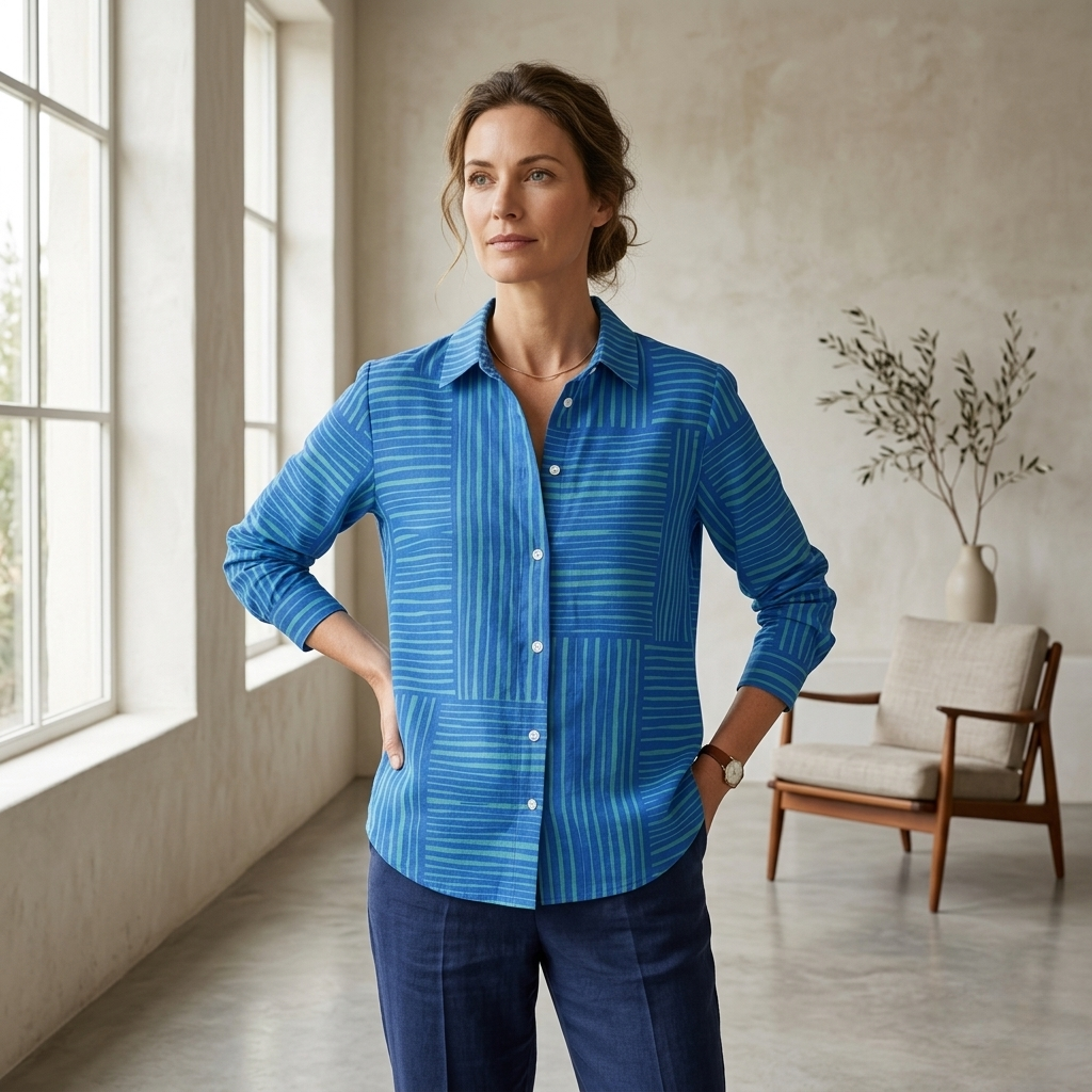 Feline | Azure Striped Button Blouse