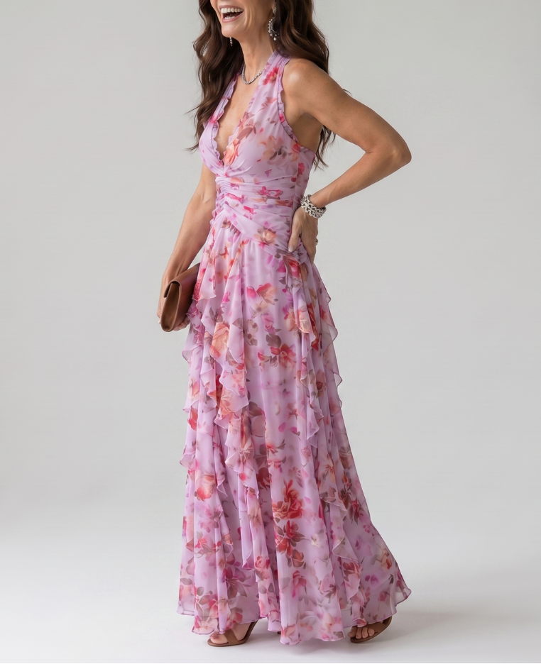 Nori | Halter Neck Ruched Bodice Floral Maxi Dress