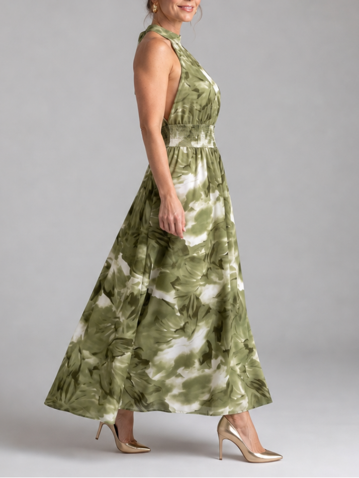 Olivia | Gathered Waist Abstract Print Midi Dress