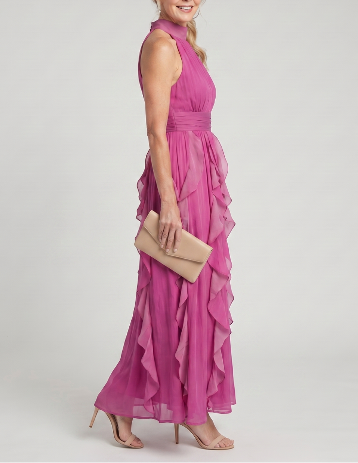 Orea | High Neck Gathered Ruffle Layers Maxi Dress