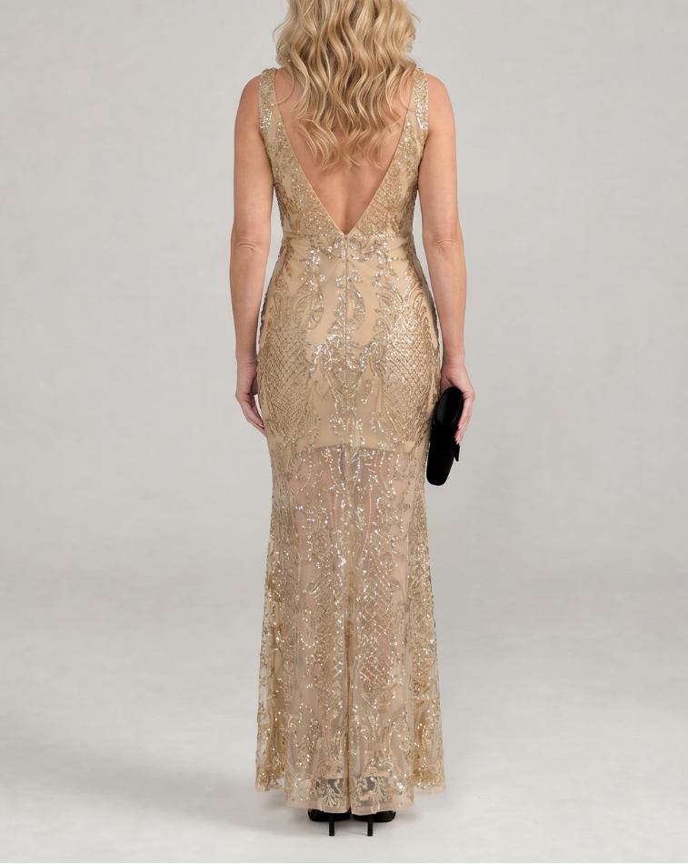 Sirea | Sequin Sleeveless Sheer Panel Midi Dress