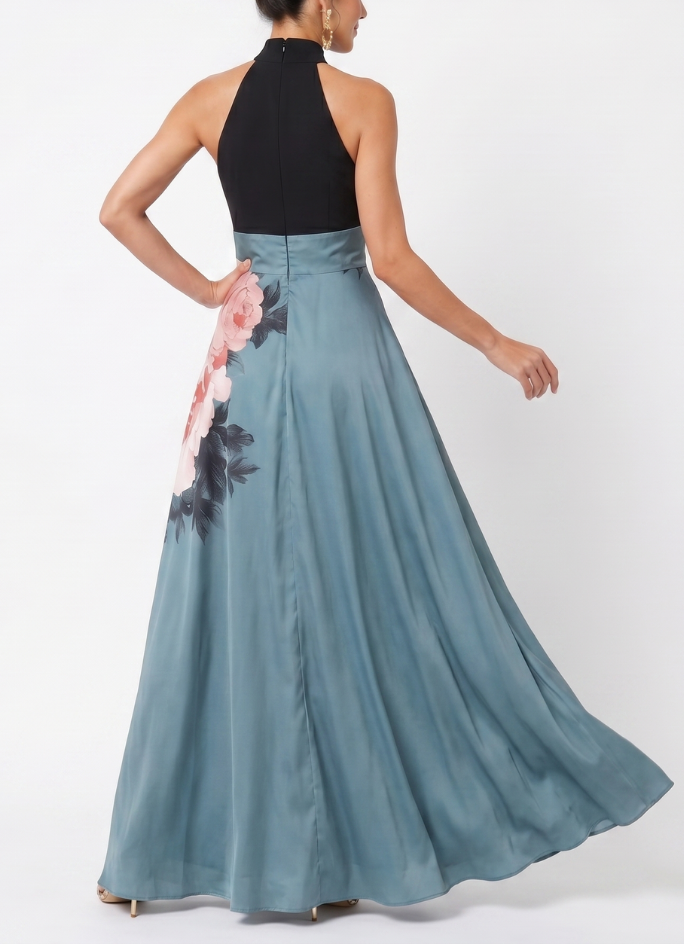Olympas | Halter Bodice Floral Skirt Maxi Dress