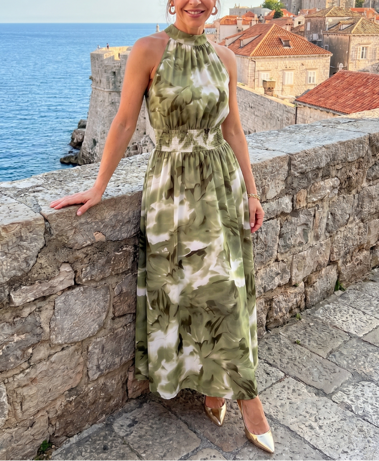 Olivia | Gathered Waist Abstract Print Midi Dress