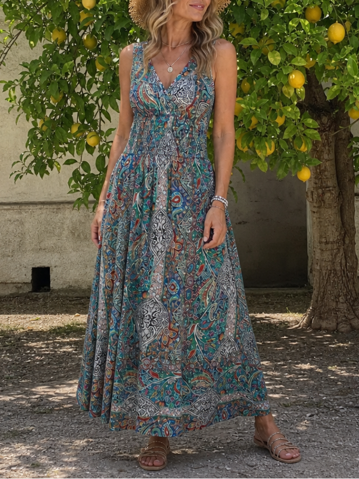 Marisela | Sleeveless Paisley Print Midi Dress