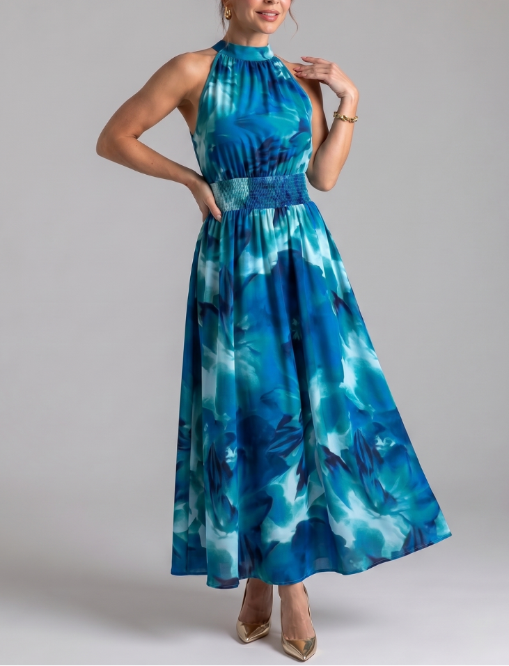 Olivia | Gathered Waist Abstract Print Midi Dress