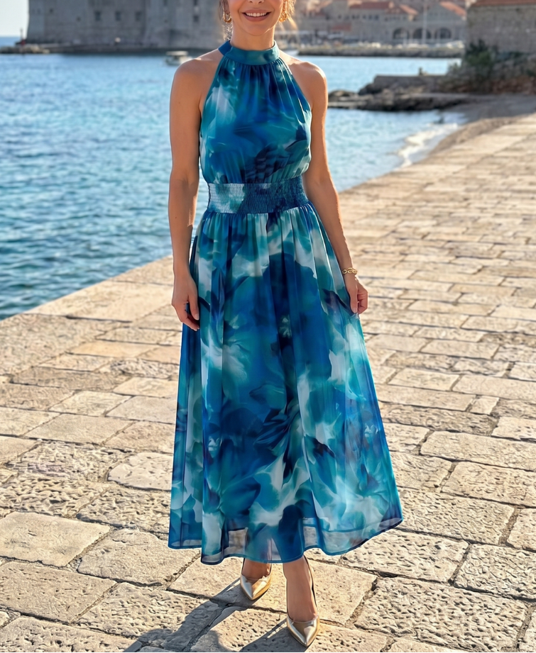 Olivia | Gathered Waist Abstract Print Midi Dress