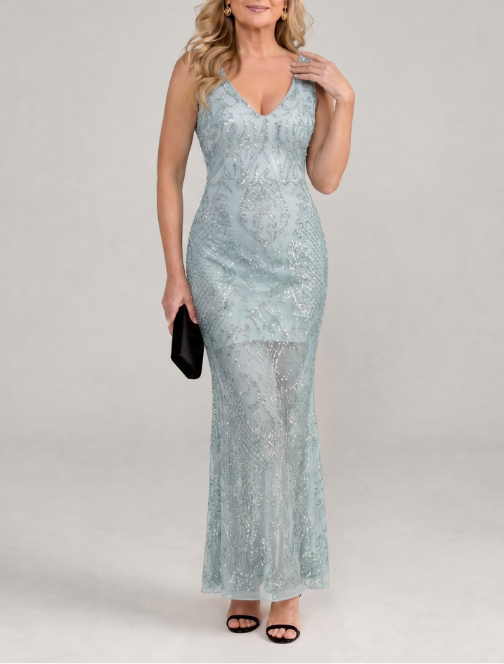Sirea | Sequin Sleeveless Sheer Panel Midi Dress