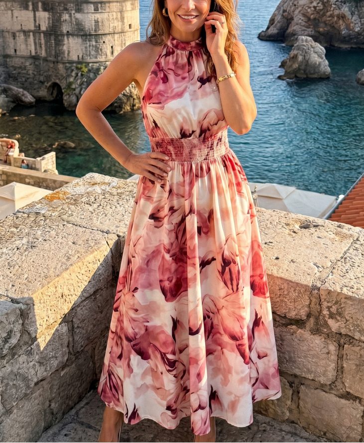 Olivia | Gathered Waist Abstract Print Midi Dress