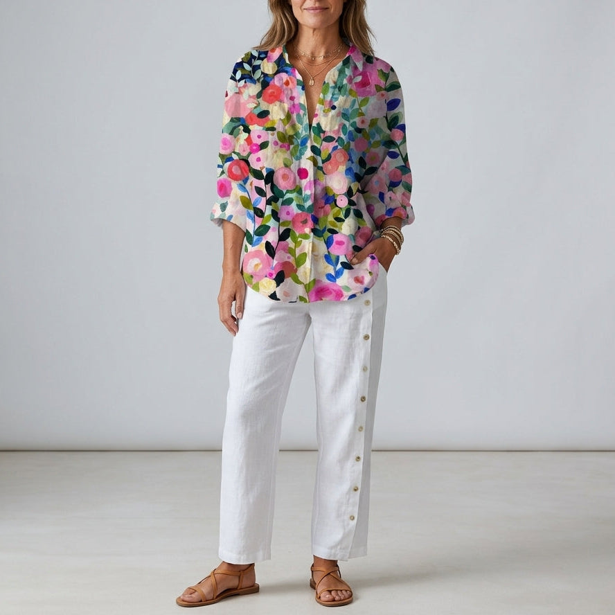Frida | Artistic Floral V-Neck Blouse