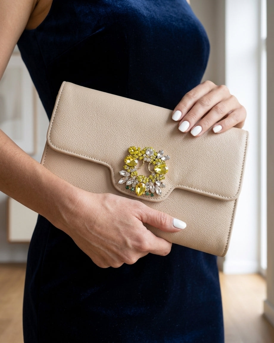Evadne | Crystal Buckle Satin Envelope Clutch Bag