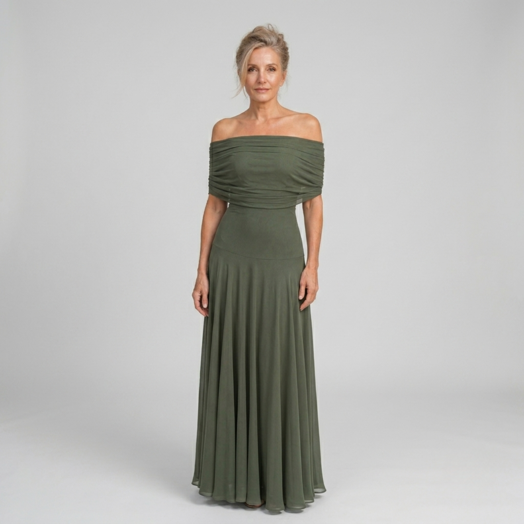 Valerinne | Off Shoulder Draped Bodice Flowing Maxi Dress
