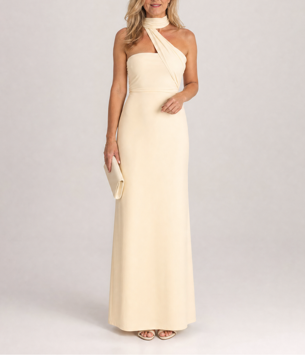 Fijem | Watercolor Floral One Shoulder Halter Maxi Dress