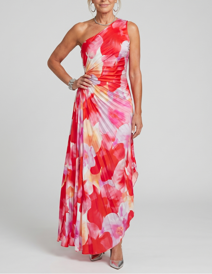 Taya | One Shoulder Pleated Bodice Midi Dress