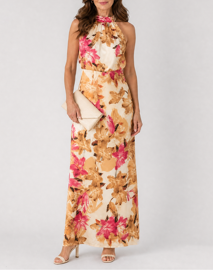 Cekel | Botanical Print Halter Neck Flowing Midi Dress