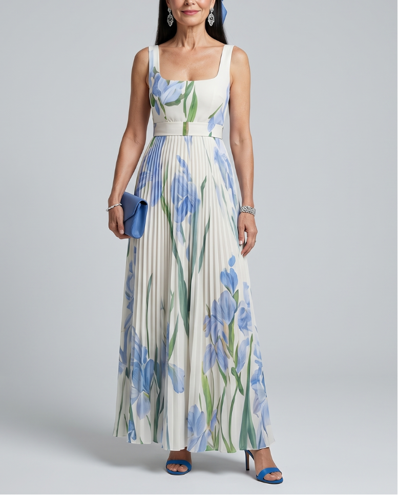 Ophelia | Sleeveless Square Neck Floral Print Midi Dress