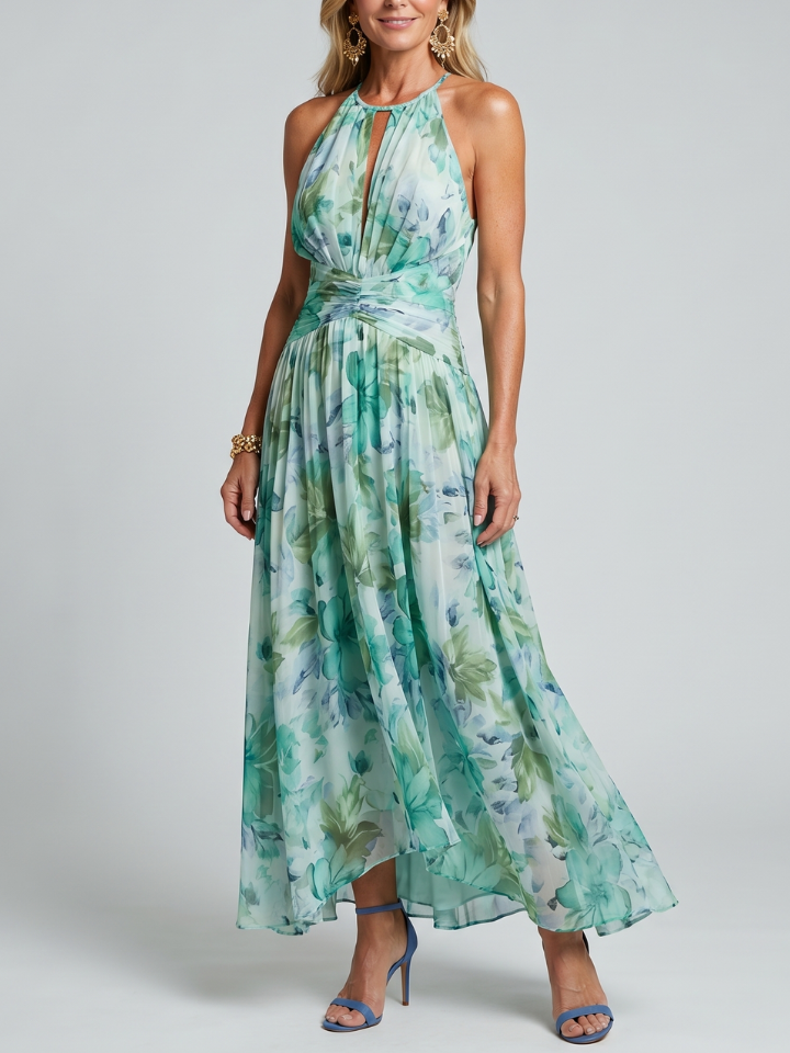 Portia | Pleated Halter Soft Floral Pattern Midi Dress