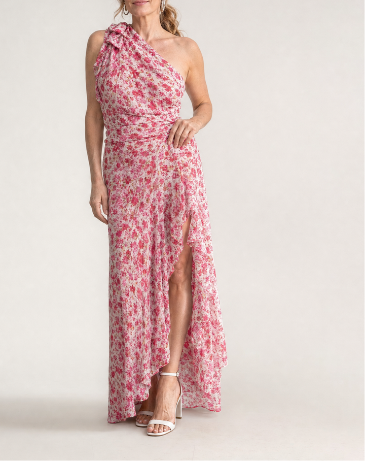 Ikele | Ditsy Floral One Shoulder Ruffle Hem Midi Dress