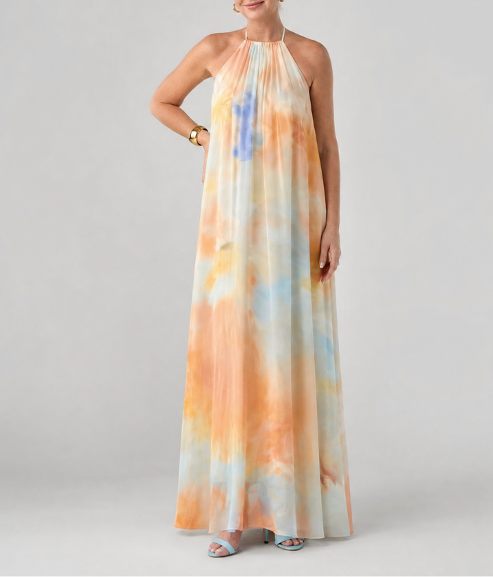 Eloque | Watercolor Halter Neck Flowing Maxi Dress