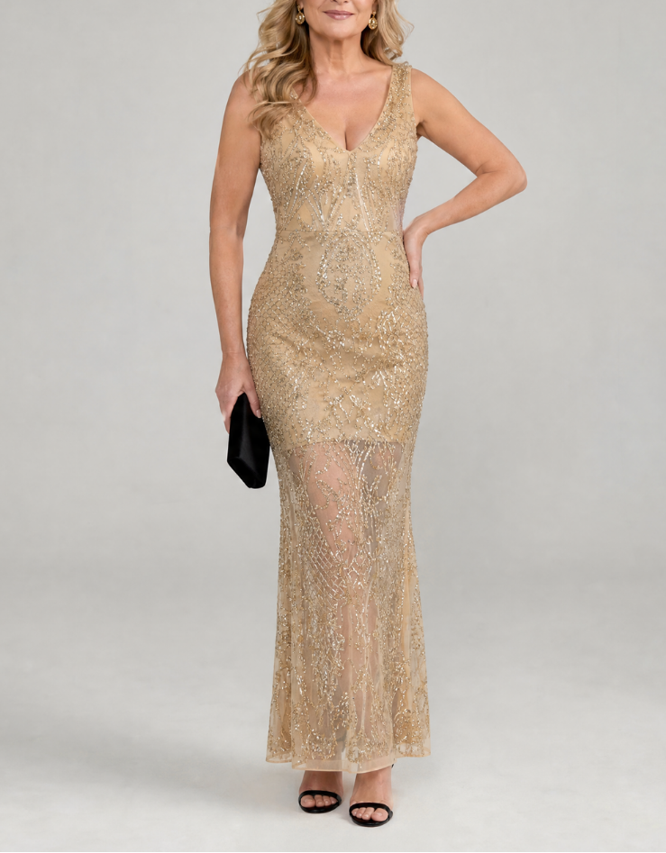 Sirea | Sequin Sleeveless Sheer Panel Midi Dress