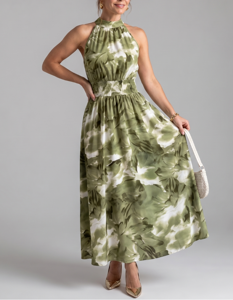 Olivia | Gathered Waist Abstract Print Midi Dress