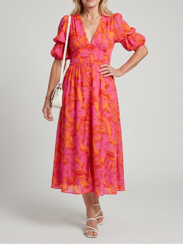 Zarelle | Puff Sleeve V Neck Bold Floral Print Midi Dress
