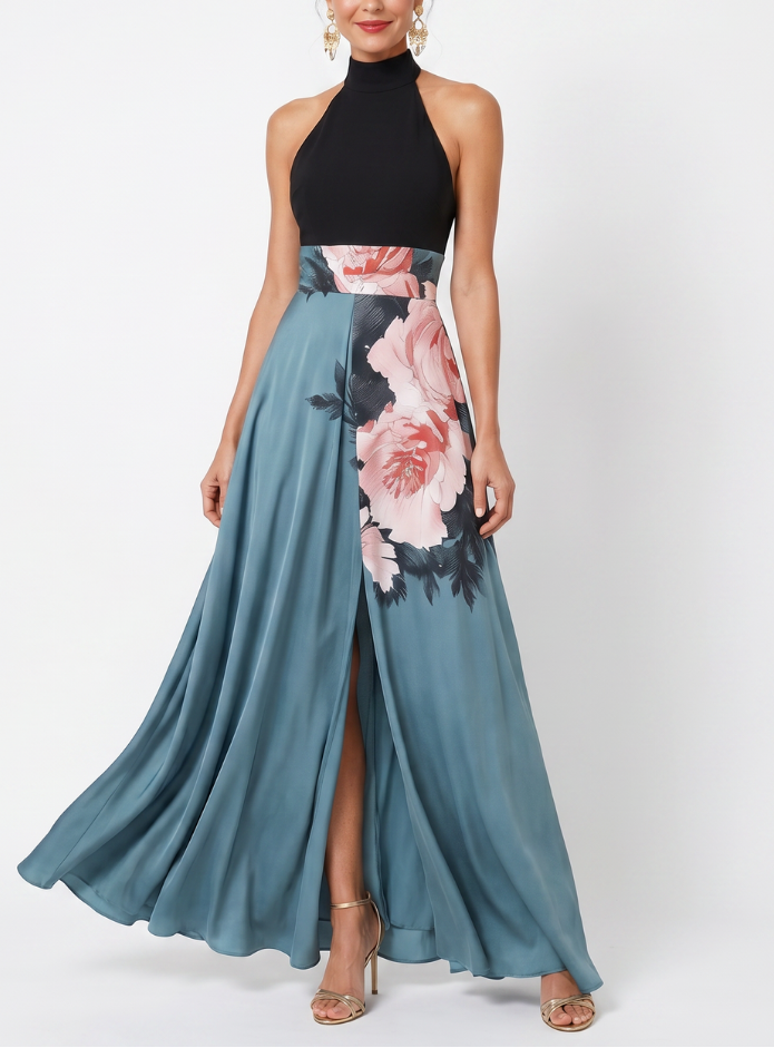 Olympas | Halter Bodice Floral Skirt Maxi Dress