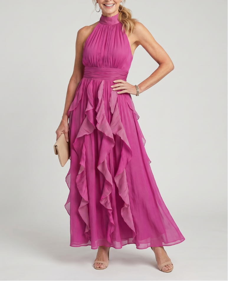 Orea | High Neck Gathered Ruffle Layers Maxi Dress