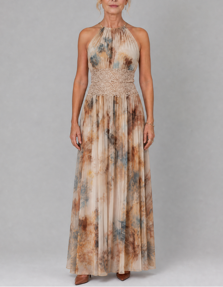 Elavenue | Halter Neck Lace Waist Maxi Dress