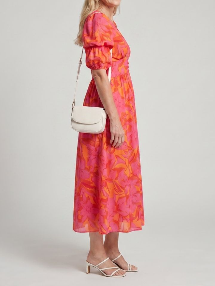 Zarelle | Puff Sleeve V Neck Bold Floral Print Midi Dress