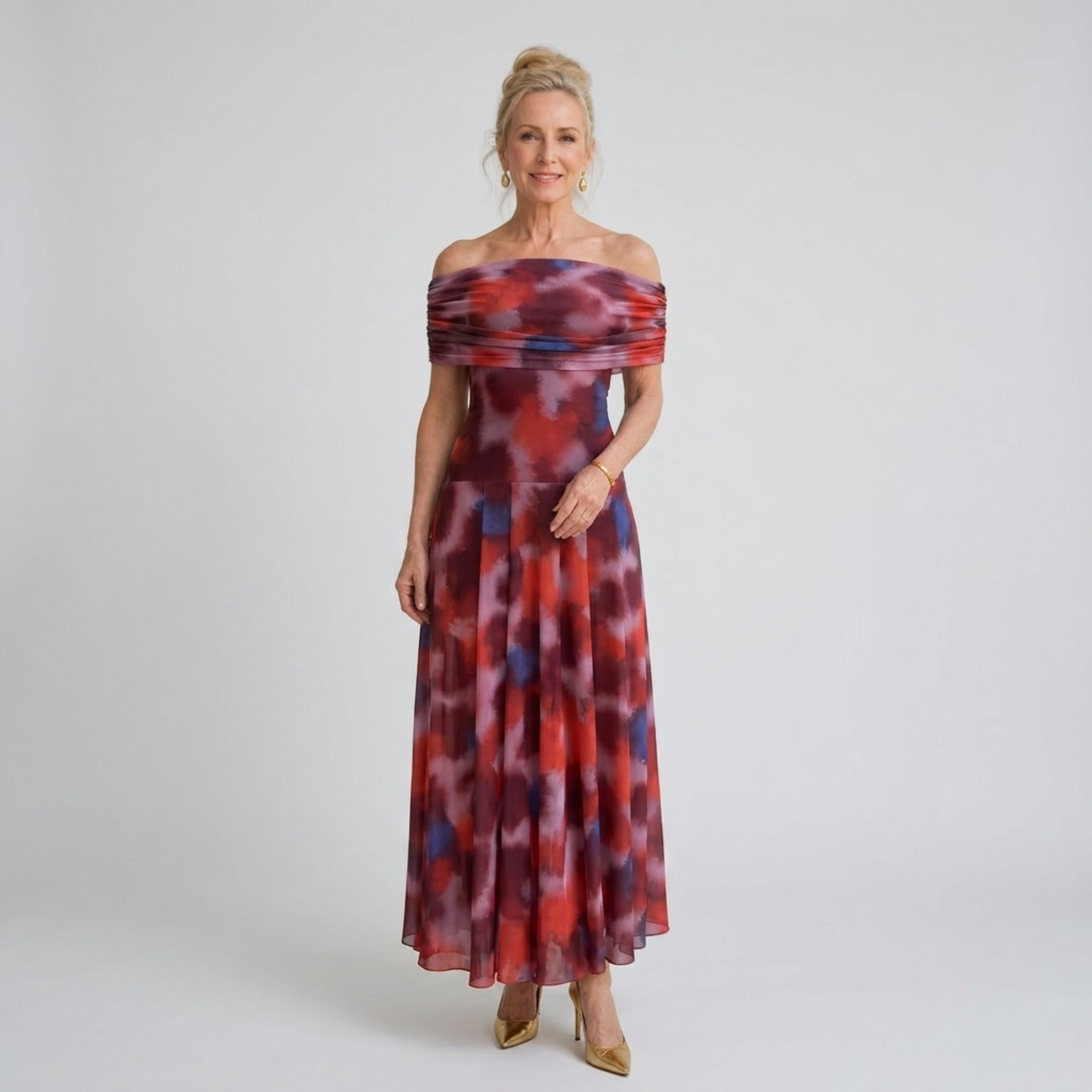 Violla | Off Shoulder Watercolor Print Flowing Midi Dress