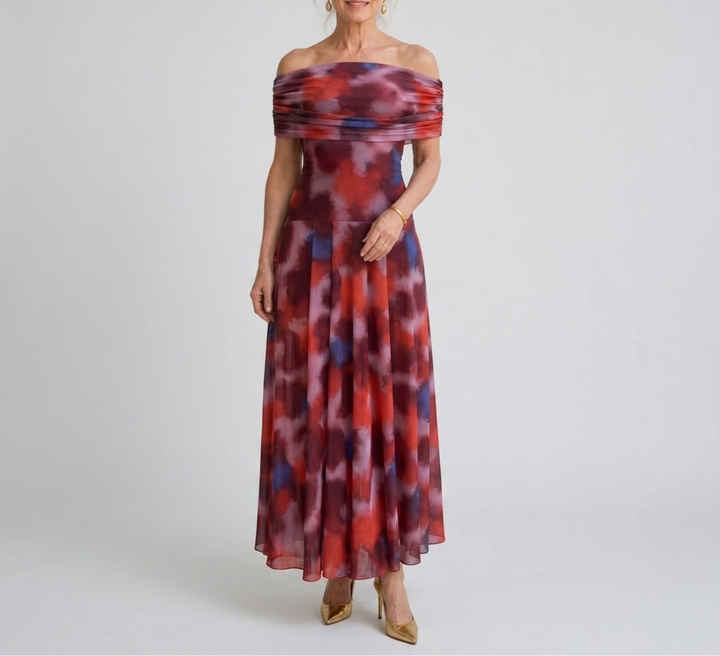 Violla | Off Shoulder Watercolor Print Flowing Midi Dress