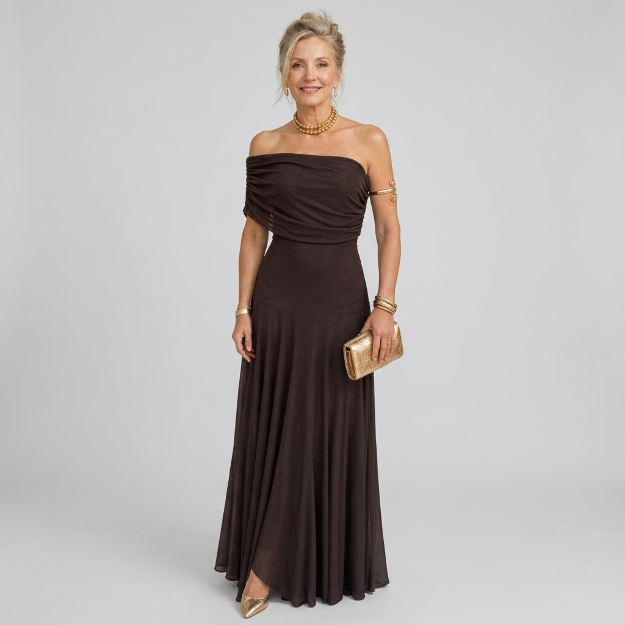 Valerinne | Off Shoulder Draped Bodice Flowing Maxi Dress