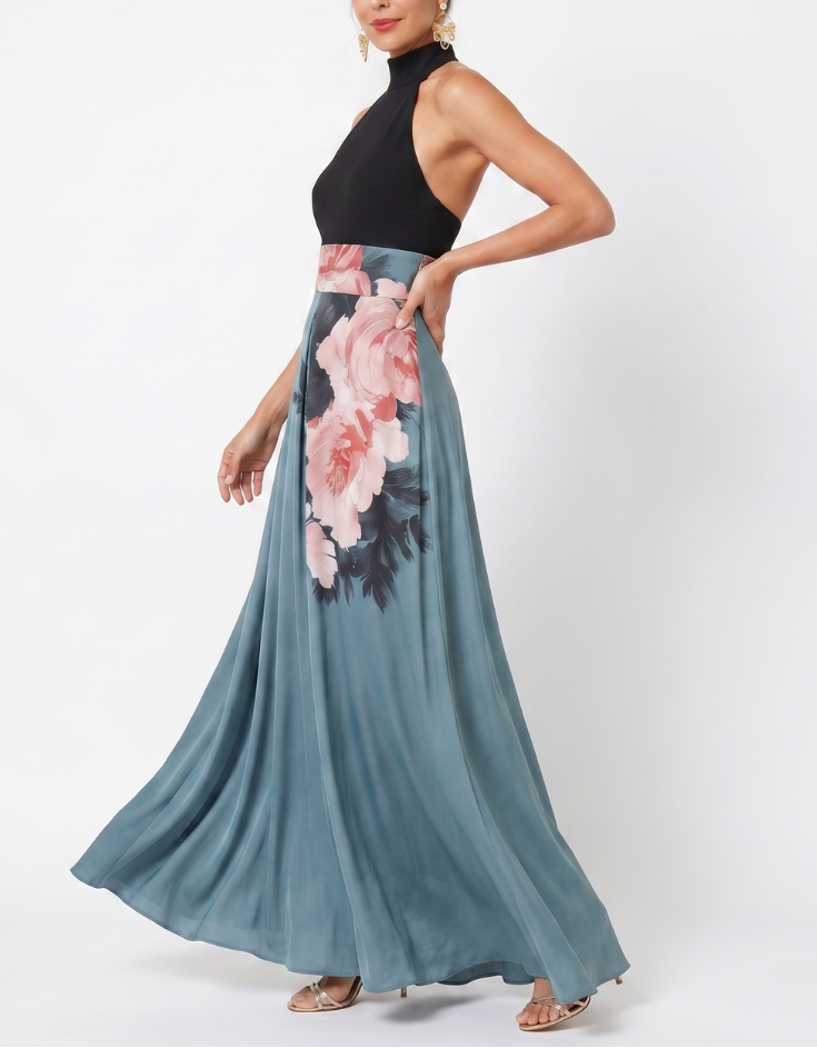 Olympas | Halter Bodice Floral Skirt Maxi Dress