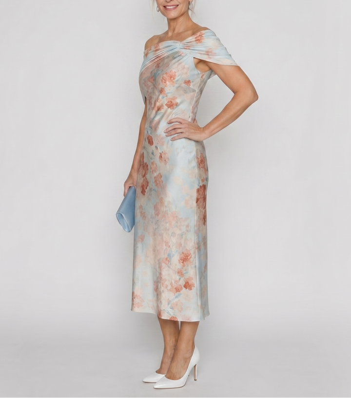 Imore | Soft Floral Off Shoulder Fitted Midi Dress