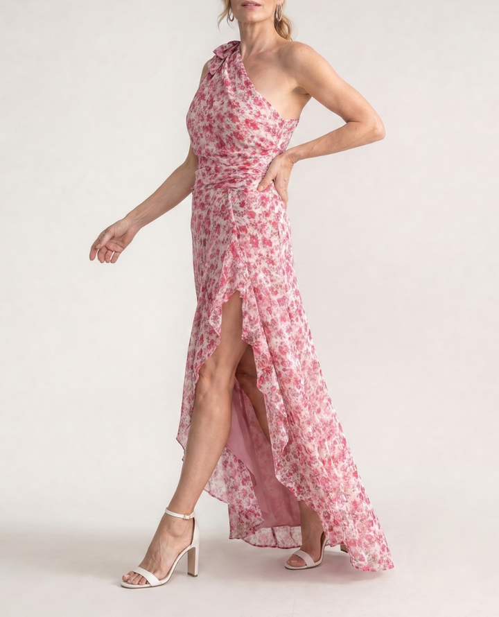 Ikele | Ditsy Floral One Shoulder Ruffle Hem Midi Dress