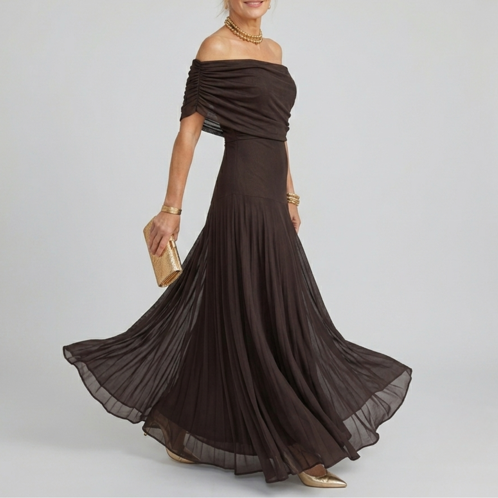 Valerinne | Off Shoulder Draped Bodice Flowing Maxi Dress