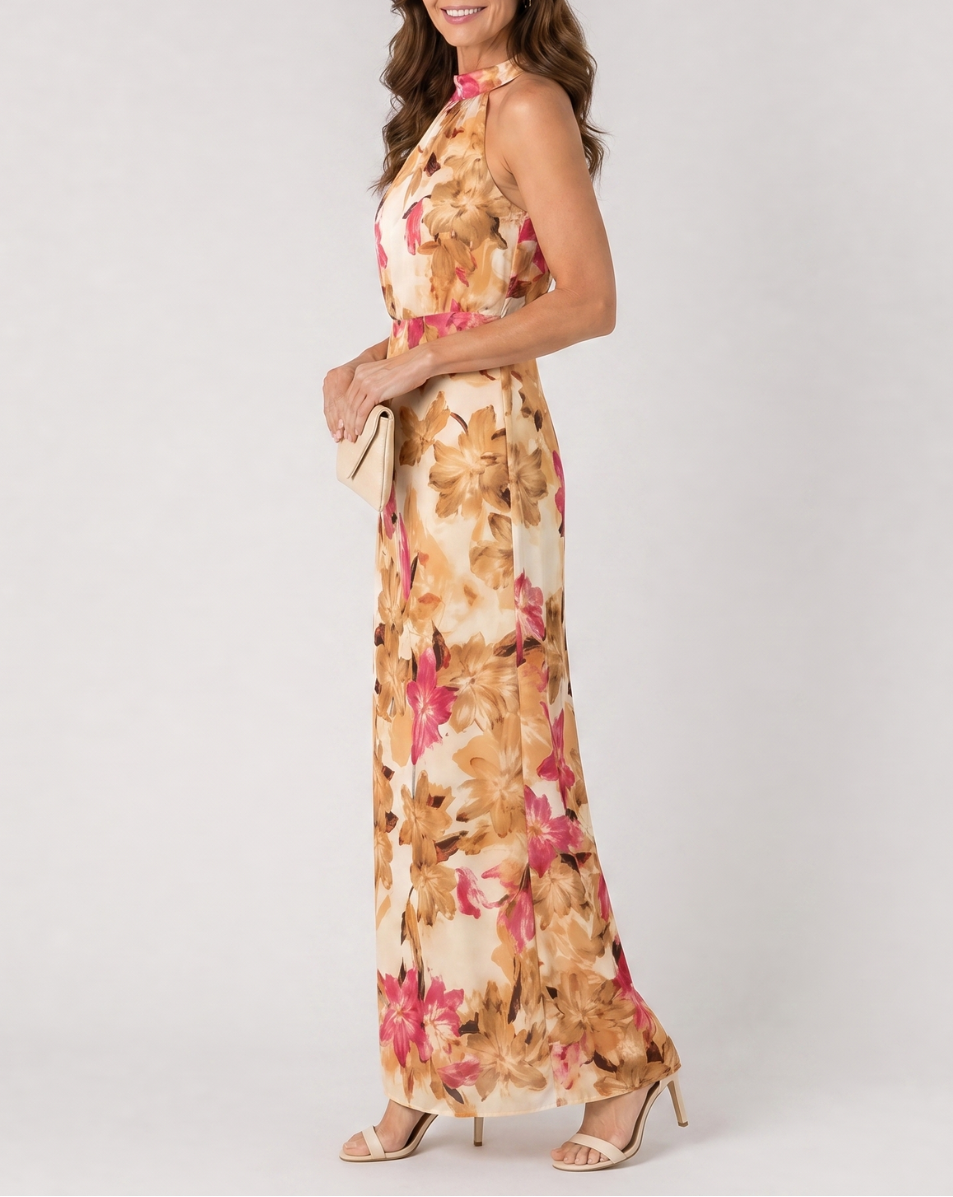 Cekel | Botanical Print Halter Neck Flowing Midi Dress