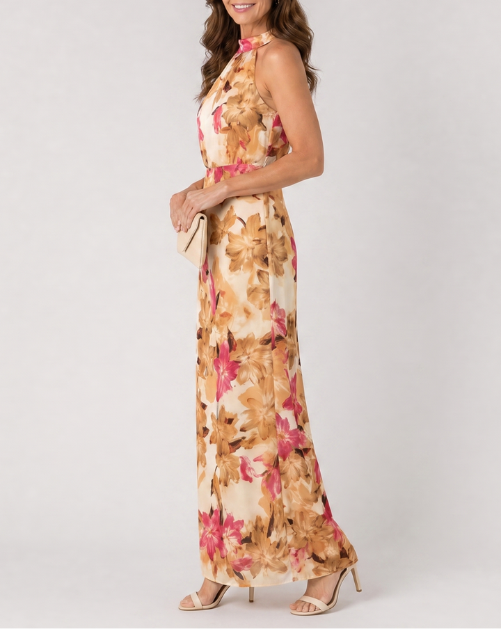 Cekel | Botanical Print Halter Neck Flowing Midi Dress