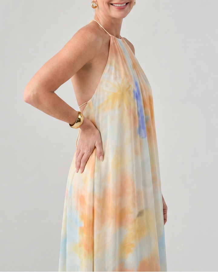 Eloque | Watercolor Halter Neck Flowing Maxi Dress