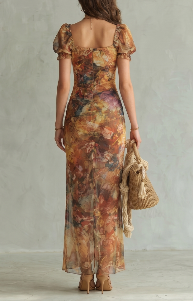 Ciel | Ruffled Sleeve Ruched Slit Midi Dress