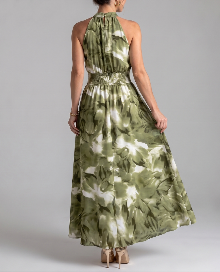Olivia | Gathered Waist Abstract Print Midi Dress