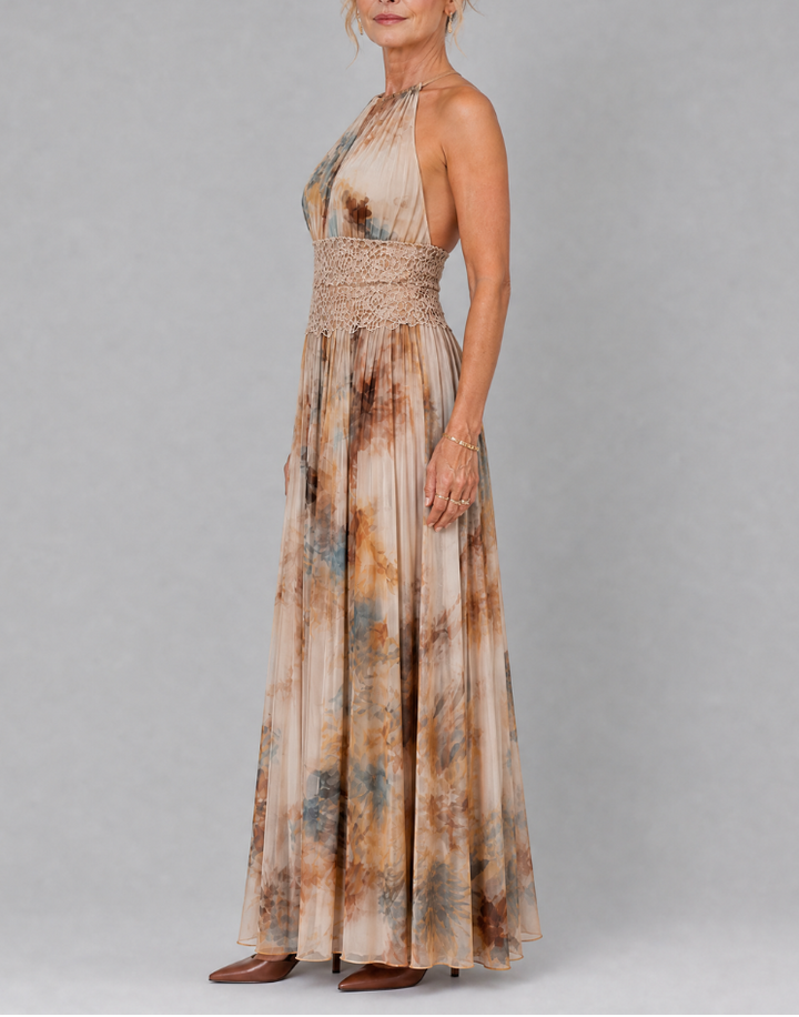 Elavenue | Halter Neck Lace Waist Maxi Dress